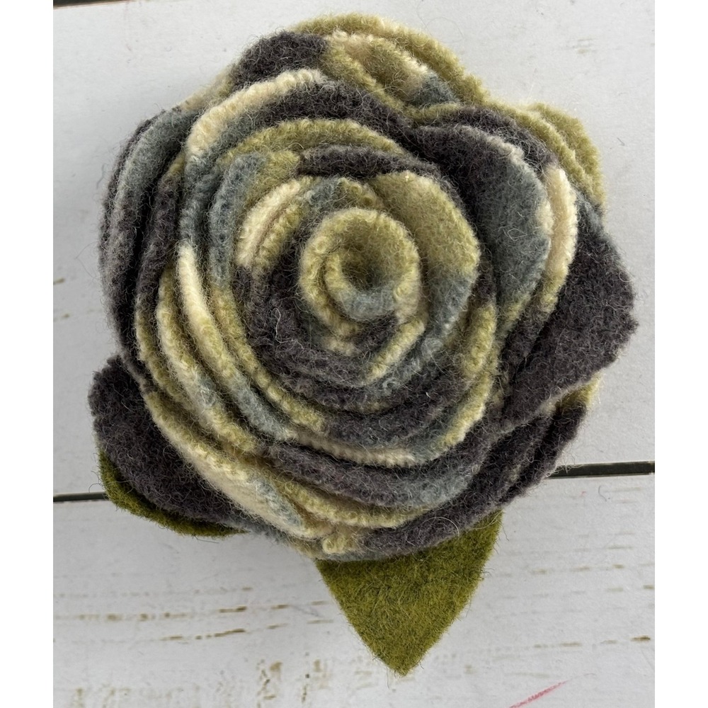 Handmade Wool Felt Flower Brooch Rose Pin Green Grey Cream Variegated Boho P229